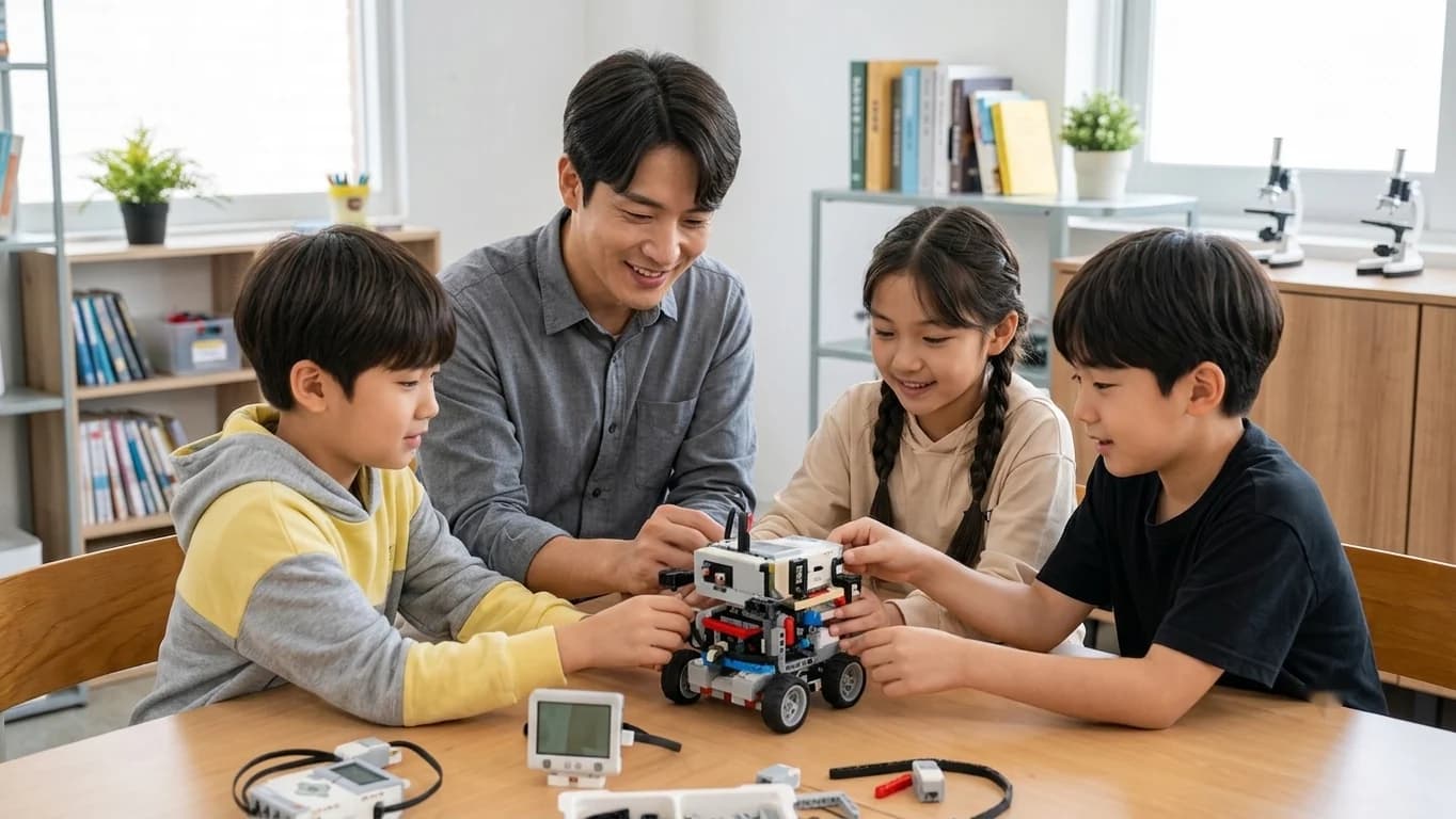선생님과 초·중등학생들이 교실에서 로봇을 함께 조립하는 모습