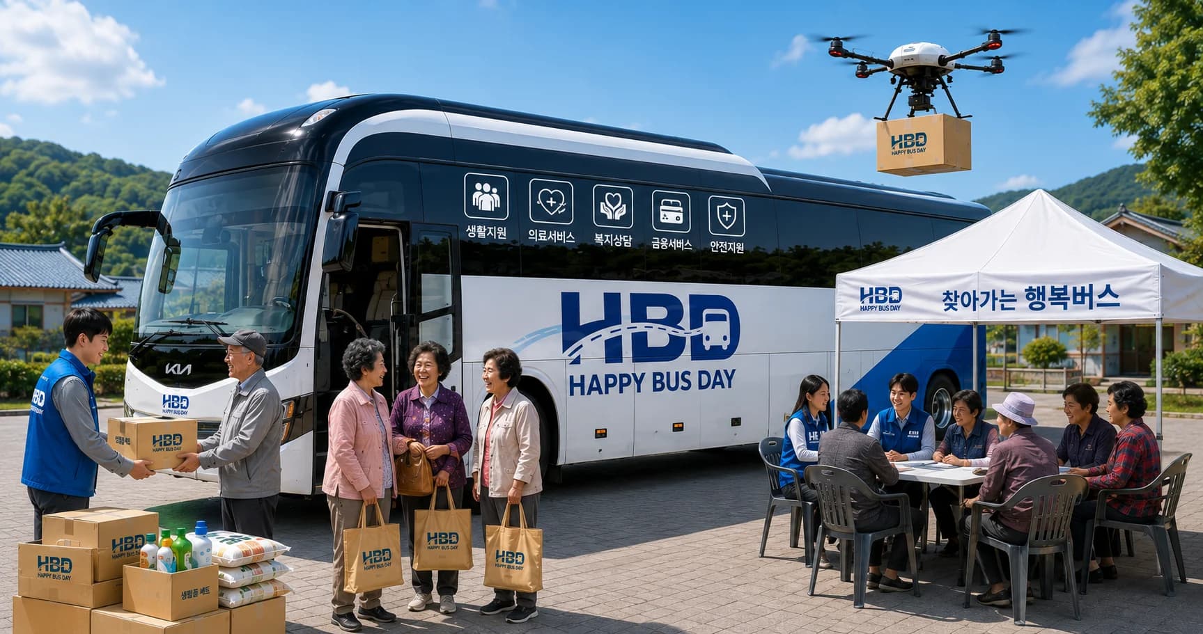 HAPPY BUS DAY 서비스 구성 이미지 — 마을 앞에 선 버스에서 생활지원 물품을 전달하고, 천막에서 복지 상담을 진행하며, 드론이 물품을 배송하는 모습